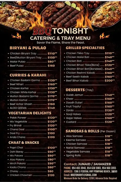 BBQ Toni8ht catering and tray menu flyer with biryani, karahi, BBQ, vegetarian, chaat, dessert and samosa tray prices